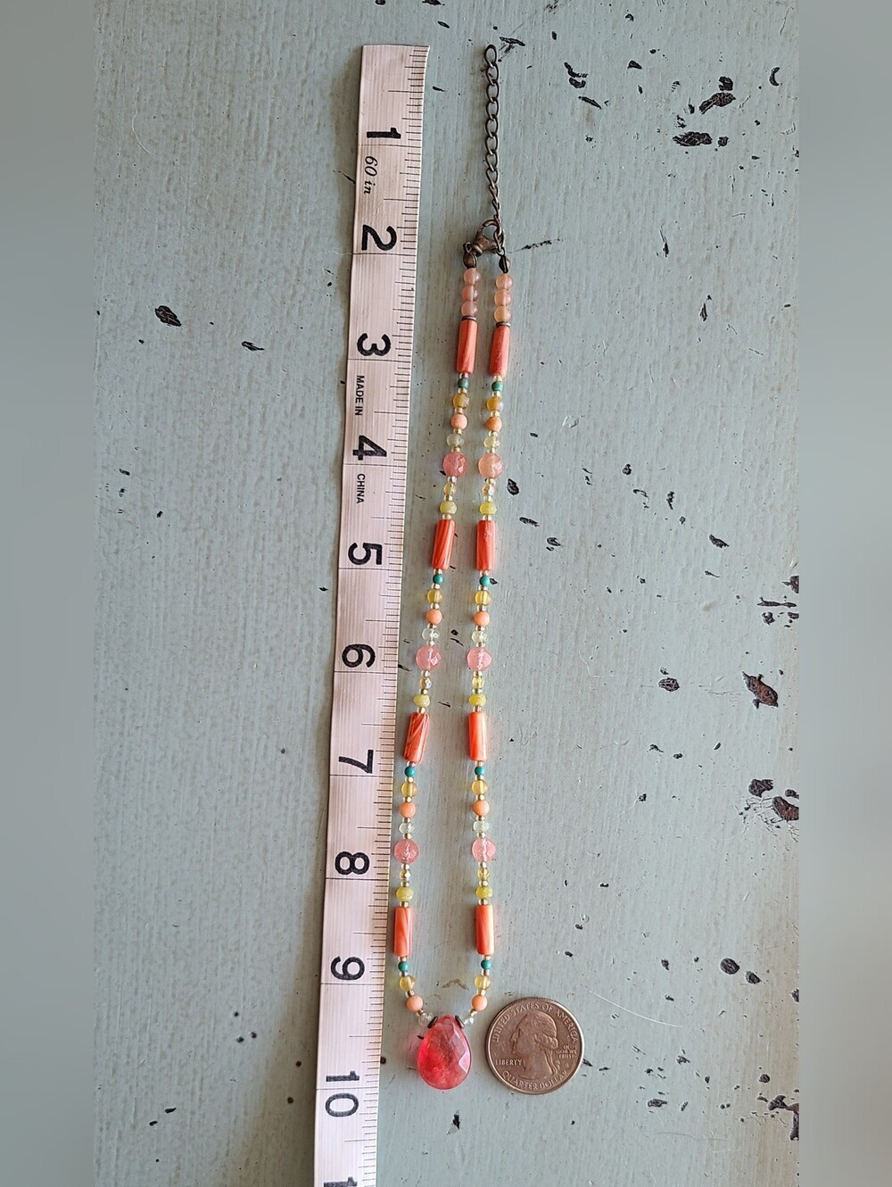 Beaded Multi Color Necklace With Coral Pendant - Picture 3 of 3